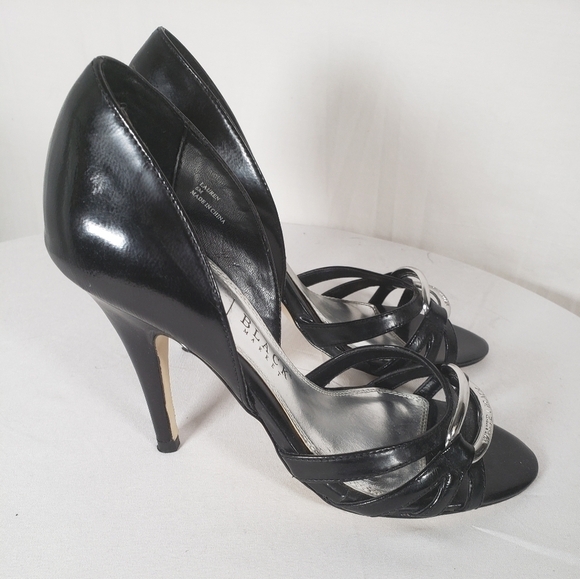 White House Black Market Black Leather Open Toe 3 Inch Heels Sz 6 - Picture 5 of 9